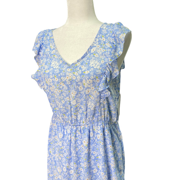 COLLECTIVE CONCEPTS | sz L Women's Blue/White Floral Ruffled Flounce Mini Dress - Picture 5 of 7